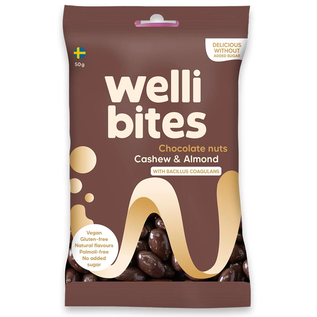 Wellibites Candy 50 g -sokeriton makeinen ruskeassa pussissa, makuna Chocolate nuts Cashew &amp; Almond., kuva 1/1