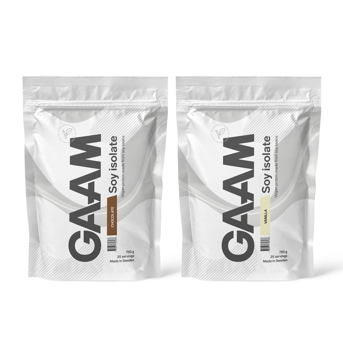 2 x GAAM Soy Isolate 750 g -proteiinijauhe kahdessa valkoisessa pussissa, makuna Chocolate ja Vanilla., kuva 1/1