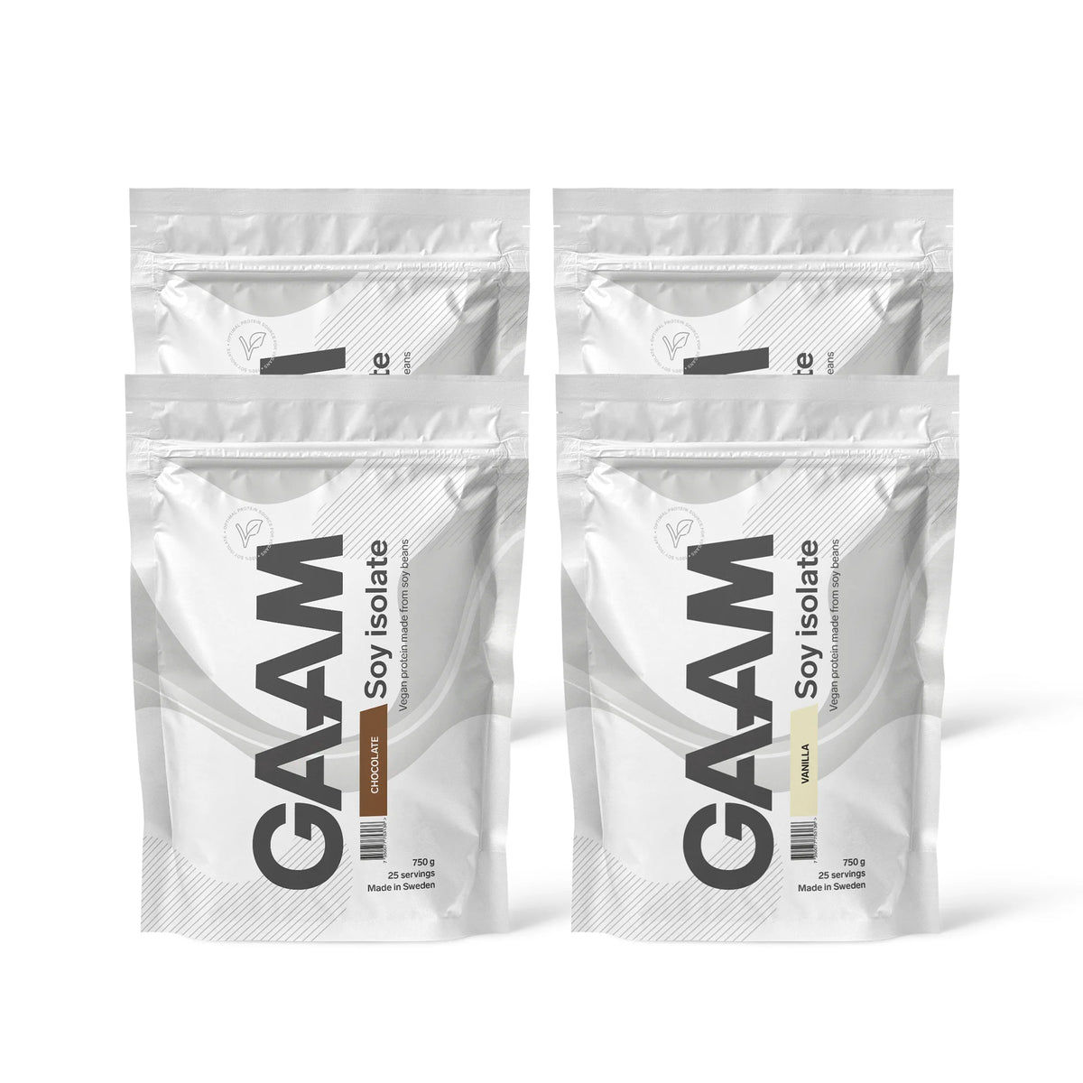 Neljä valkoista pussia 4 x GAAM Soy Isolate 750 g -proteiinijauhetta suklaan ja vaniljan makuisina.