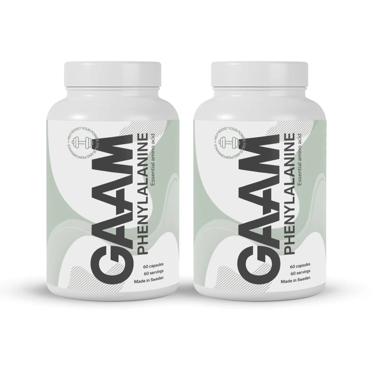 2 x GAAM Phenylalanine 60 caps -ravintolisä valkoisissa purkeissa, joissa on harmaita ja vihreitä yksityiskohtia., kuva 1/1