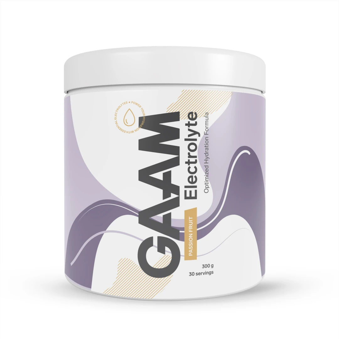 GAAM Electrolyte 300 g -elektrolyyttijauhe valkoisessa purkissa violetilla yksityiskohdilla, makuna Passion Fruit., kuva 2/2