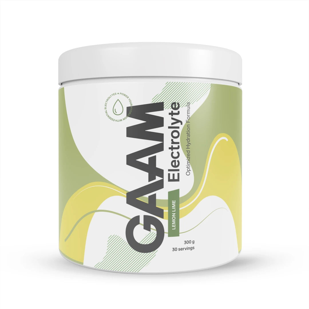 GAAM Electrolyte 300 g -elektrolyyttijauhe Lemon Lime -makuisena valkoisessa purkissa, jossa on vihreitä ja keltaisia yksityiskohtia., kuva 1/2