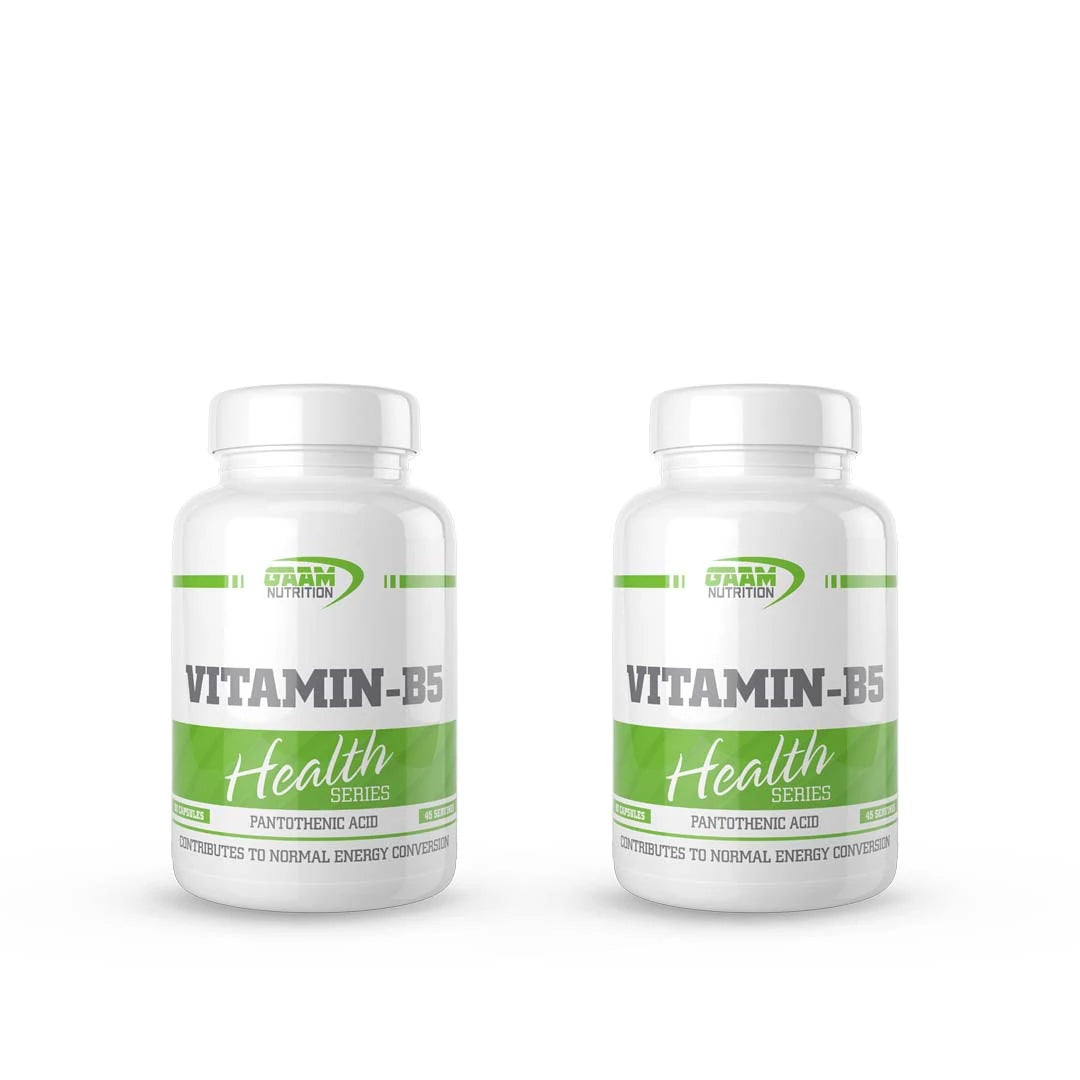 2 x GAAM Vitamin B5 90 caps kahdessa valkoisessa GAAM Nutrition Health Series -purkissa vihreillä yksityiskohdilla., kuva 1/1