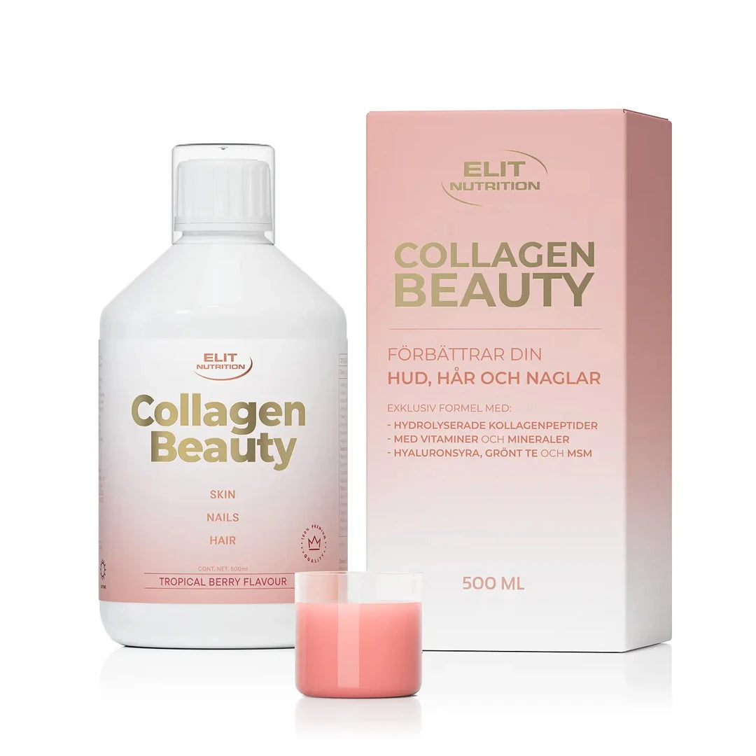 Elit Nutrition Collagen Beauty 500 ml valkoisessa pullossa ja vaaleanpunaisessa pakkauksessa pienen annoslasin kanssa.
