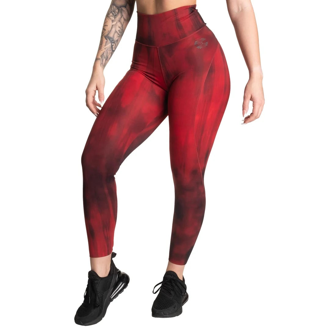 Better Bodies High Waist Leggings Chili Red Grunge, ett par röd- och svartmönstrade träningstights med hög midja., bild 1 av 2