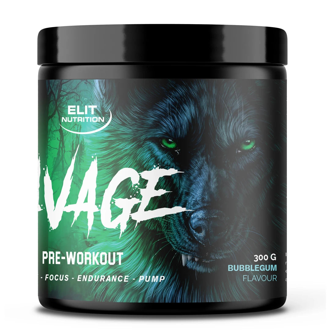 Elit Nutrition Savage PWO 300 g -jauhe mustassa purkissa vihreällä susikuviolla, makuna Bubblegum.