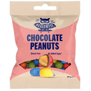 Healthyco 40 g Chocolate Peanuts vaaleanpunaisessa ja beigessä pussissa, täynnä värikkäitä suklaamaapähkinöitä.