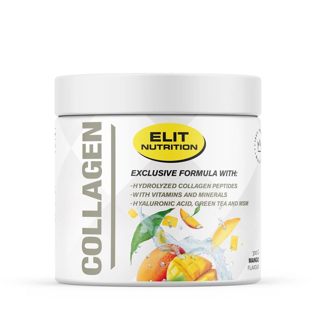 Elit Nutrition Collagen 300 g -kollageenijauhe valkoisessa purkissa hedelmäkuviolla, makuna Mango., kuva 1/1