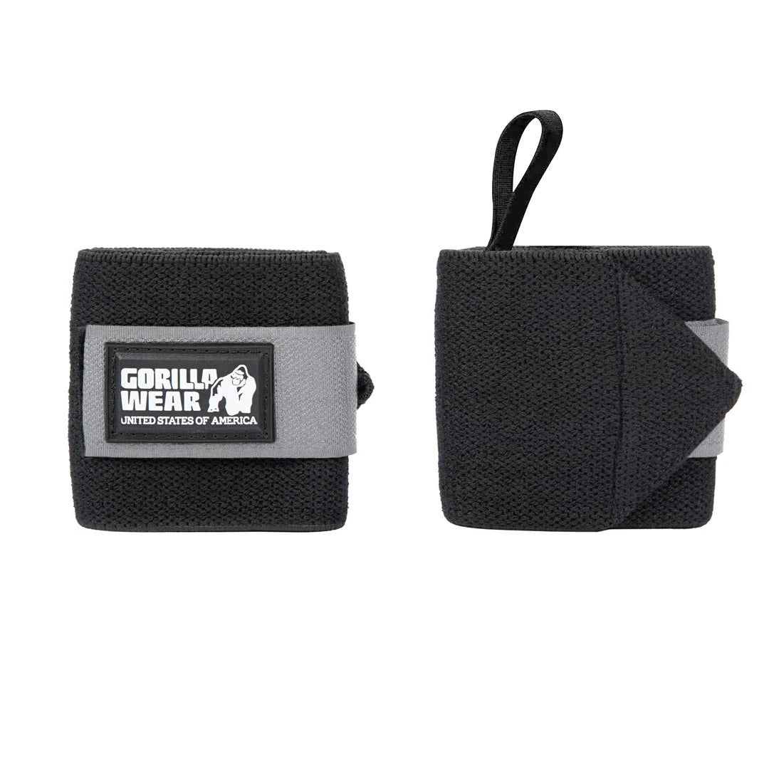 Gorilla Wear Wrist Wraps Basic Black/Grey, mustat joustavat rannesiteet harmaalla tarrakiinnityksellä ja peukalolenkillä., kuva 1/1