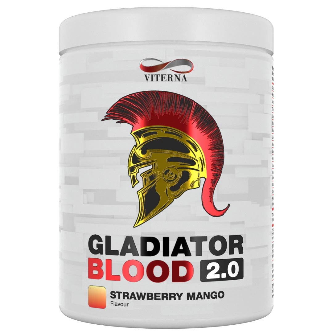 Viterna Gladiator Blood 2.0 460 g valkoisessa purkissa puna-kultaisella gladiaattorikypärällä, makuna Strawberry Mango., kuva 3/5