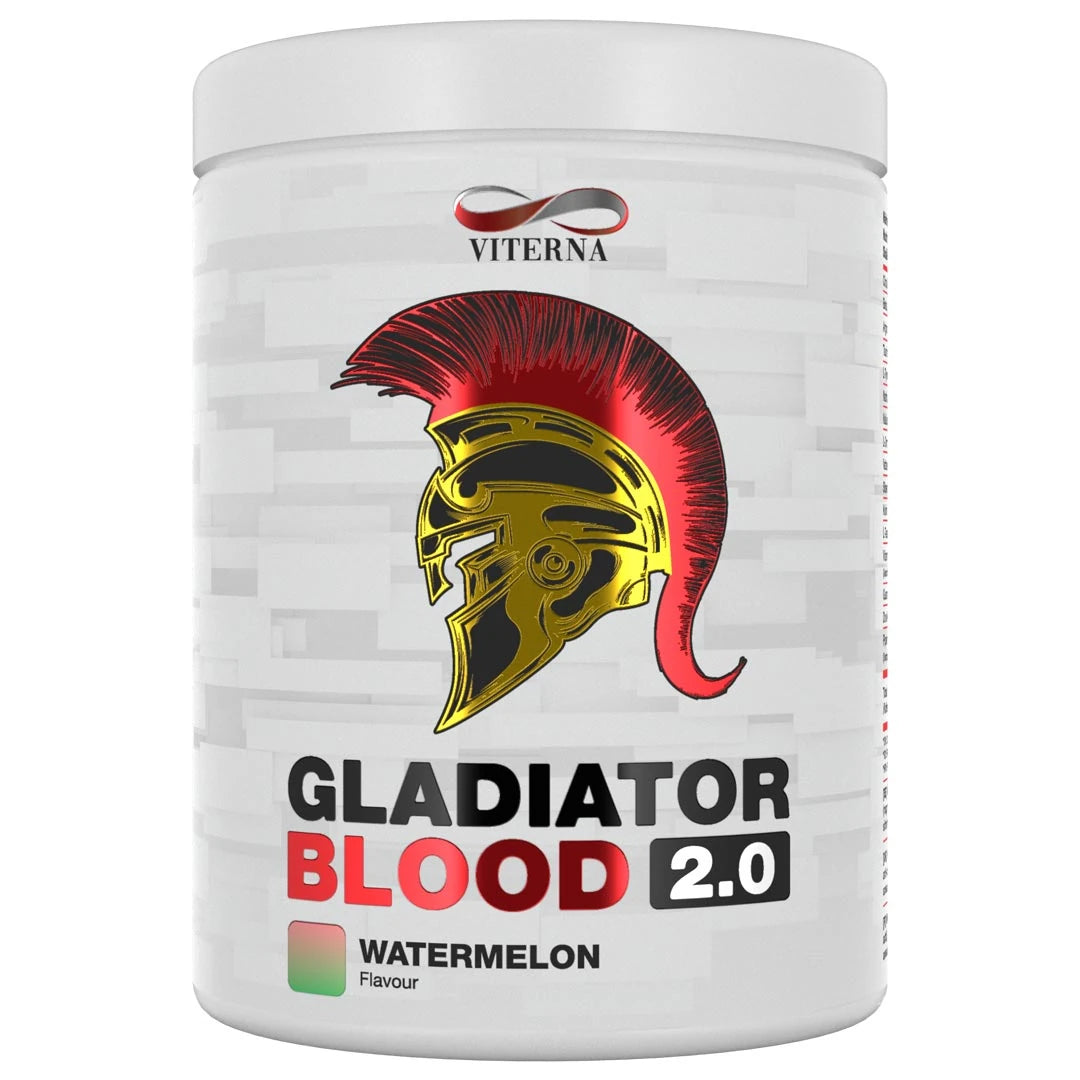 Viterna Gladiator Blood 2.0 460 g PWO-jauhe valkoisessa purkissa, jossa on gladiaattorikypärä ja makuna Watermelon., kuva 1/5