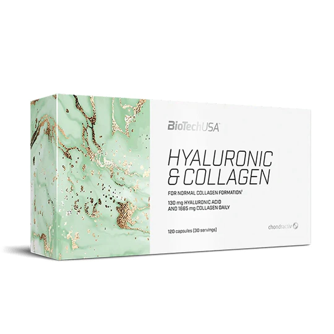 BioTechUSA Hyaluronic &amp; Collagen 120 caps -ravintolisä valkoisessa rasiassa, jossa on vaaleanvihreä marmorikuvio., kuva 1/1