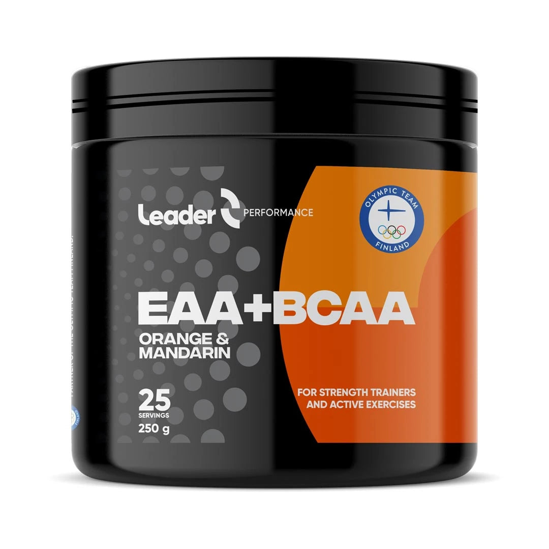 Leader Performance EAA+BCAA 250 g -aminohappojauhe mustassa purkissa oranssilla etiketillä, makuna Orange &amp; Mandarin., kuva 1/2