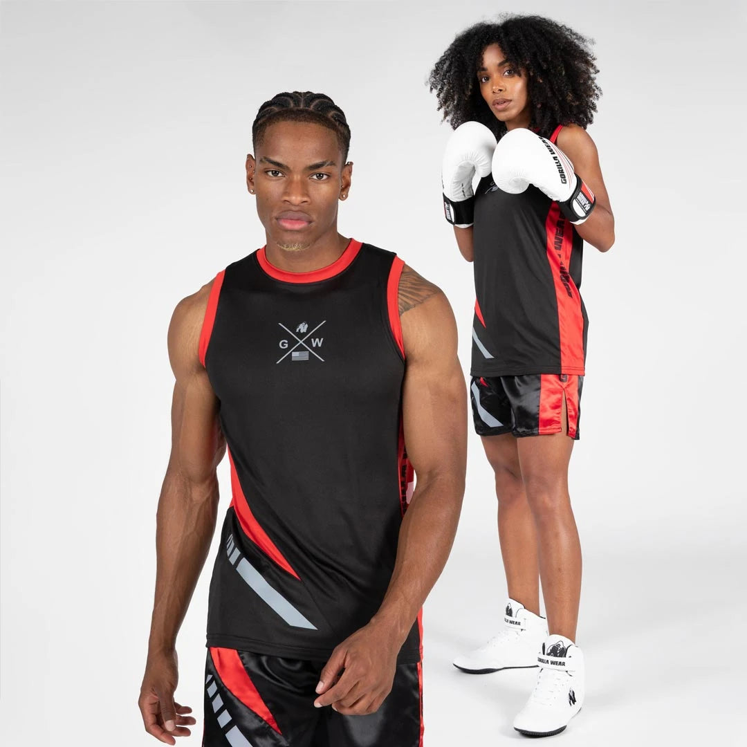 Gorilla Wear Hornell Tank Top Black/Red, ett svart och rött träningslinne i polyester buret av en man och kvinna.