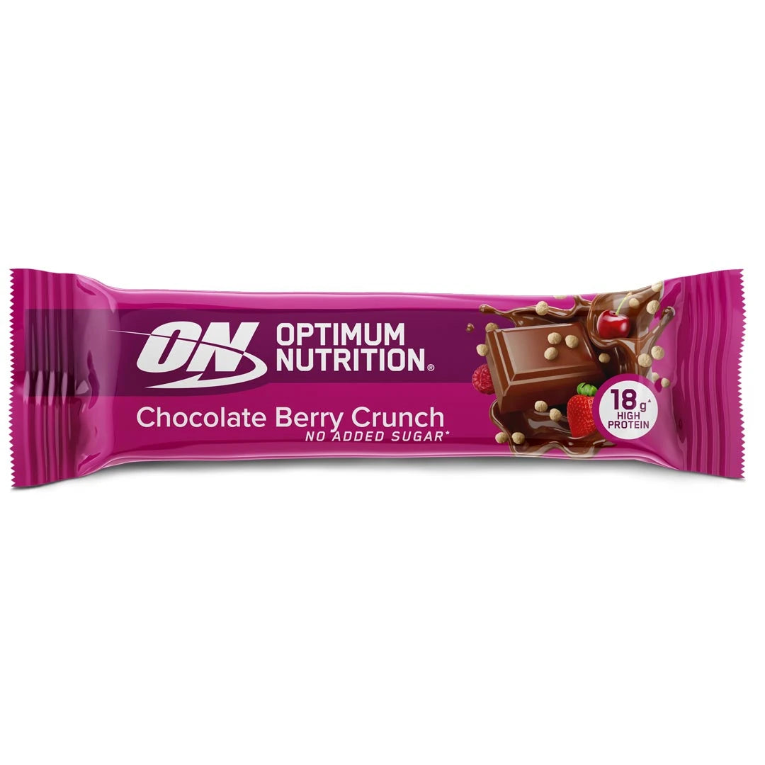 Optimum Nutrition Chocolate Protein Bar 59 g -proteiinipatukka vaaleanpunaisessa pakkauksessa, makuna Berry Crunch., kuva 1/3