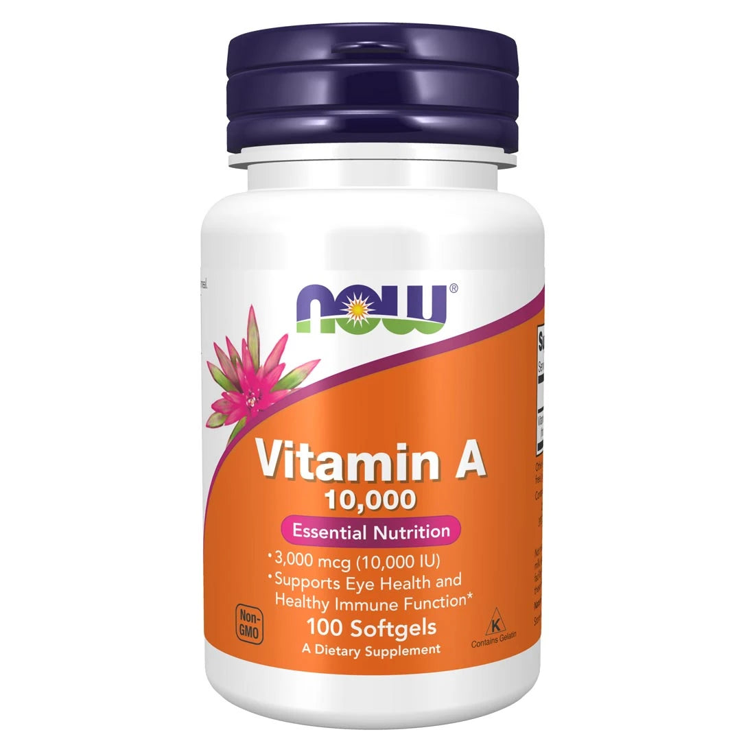 NOW A-vitamin 10.000IU 100 caps -ravintolisä valkoisessa purkissa, jossa on tummansininen korkki ja oranssi etiketti., kuva 1/1