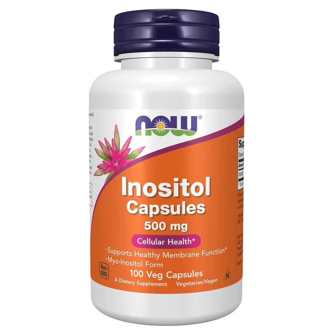 NOW Inositol 500 mg 100 caps valkoisessa purkissa, jossa on oranssi etiketti ja tummanvioletti kansi., kuva 1/1