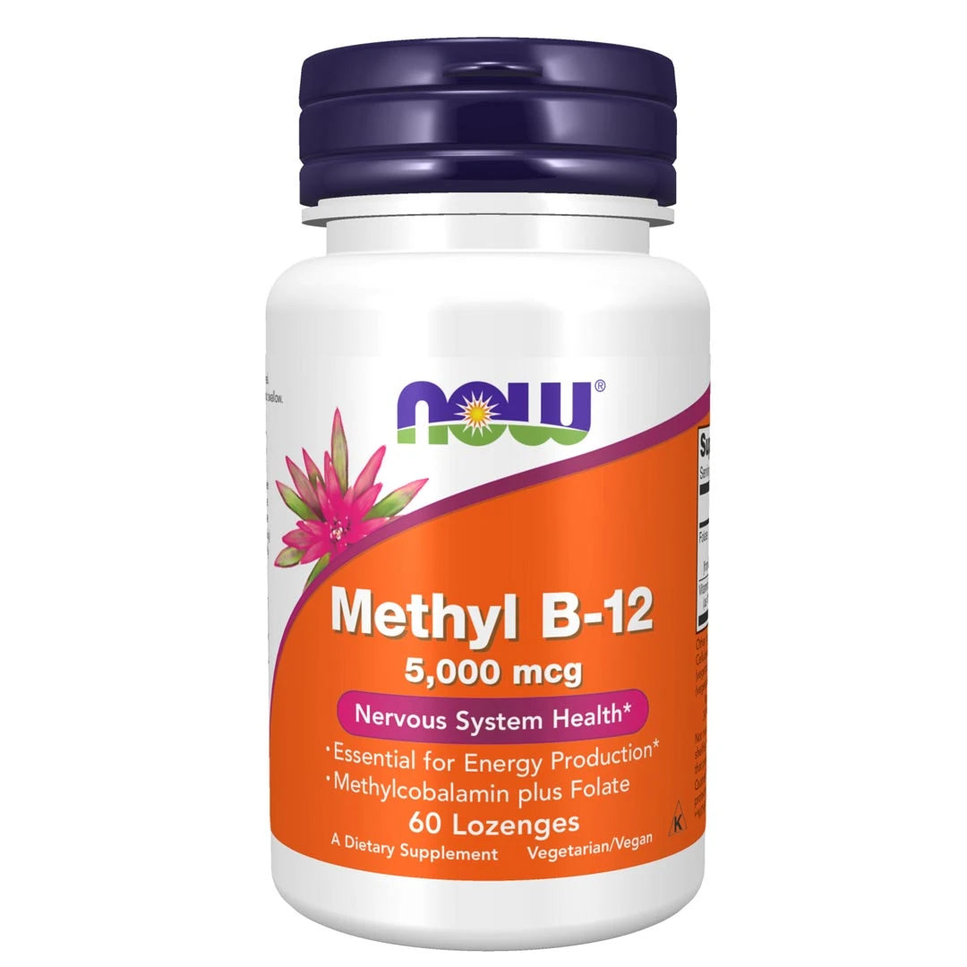 NOW Methyl B-12 60 caps valkoisessa purkissa, jossa tummansininen kansi ja oranssi etiketti pinkillä kukalla., kuva 1/1