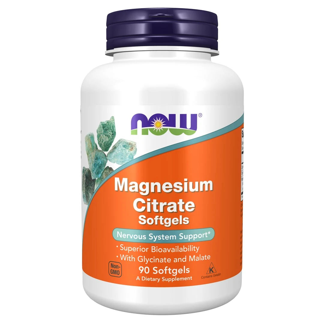 NOW Magnesium Citrate 134 mg 90 caps -ravintolisä valkoisessa purkissa, jossa on oranssi etiketti ja tummansininen kansi., kuva 1/1