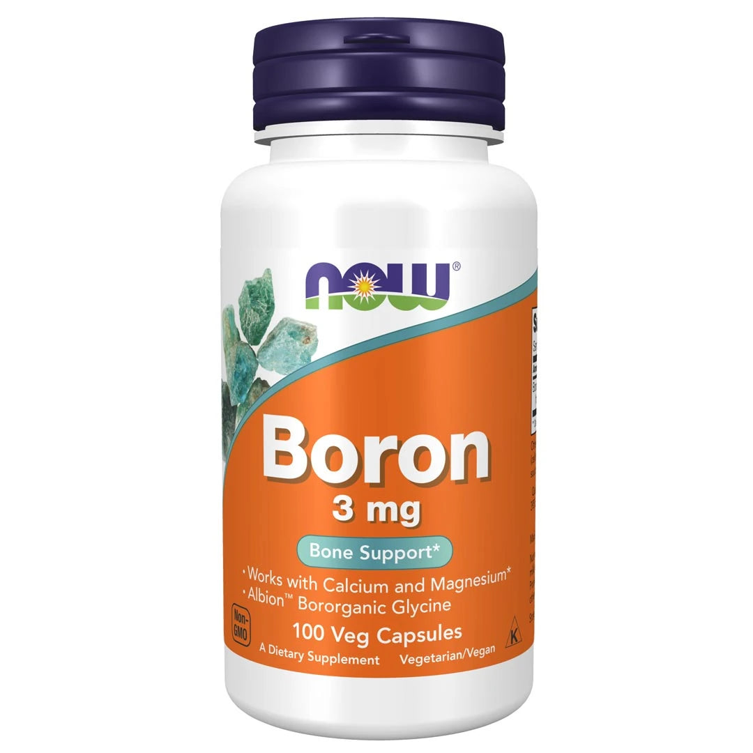 NOW Boron 3mg 100 caps -ravintolisä valkoisessa purkissa violetilla kannella ja oranssilla etiketillä., kuva 1/1