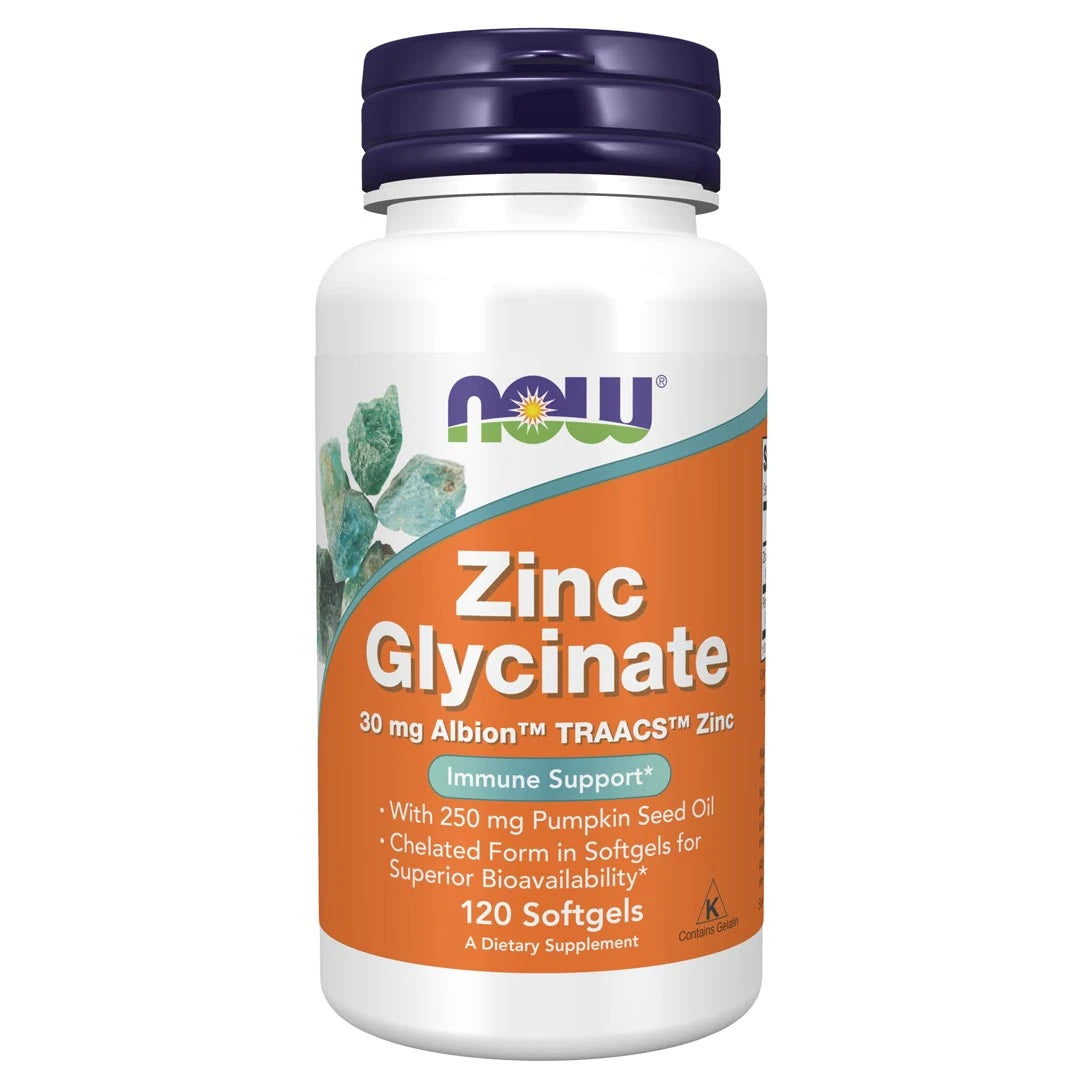 NOW Zinc Glycinate 30mg 120 caps, förpackad i en vit burk med lila lock och orange etikett., bild 1 av 1