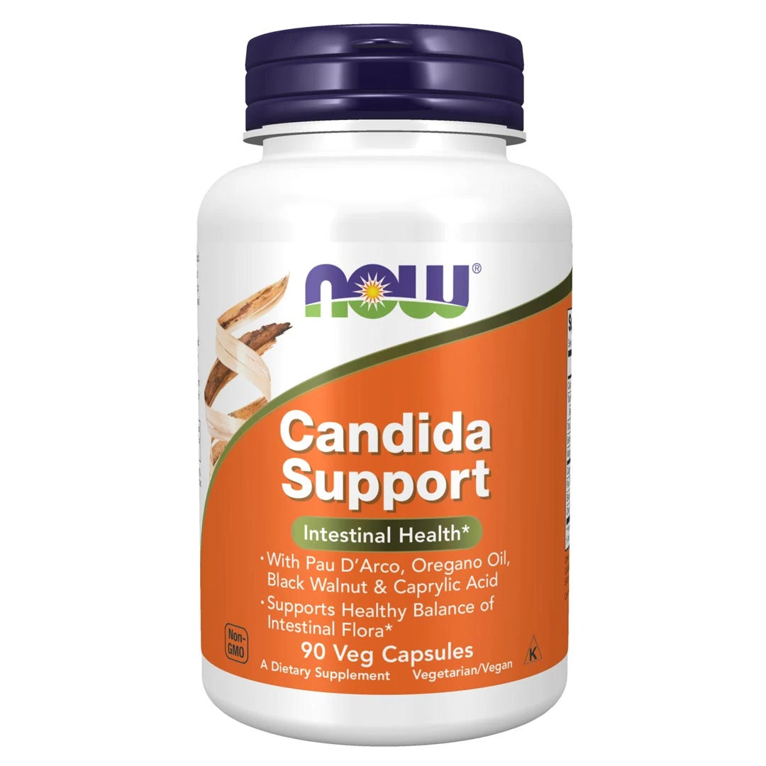 NOW Candida Support 90 caps valkoisessa purkissa oranssilla etiketillä ja tummanlilalla kannella., kuva 1/1