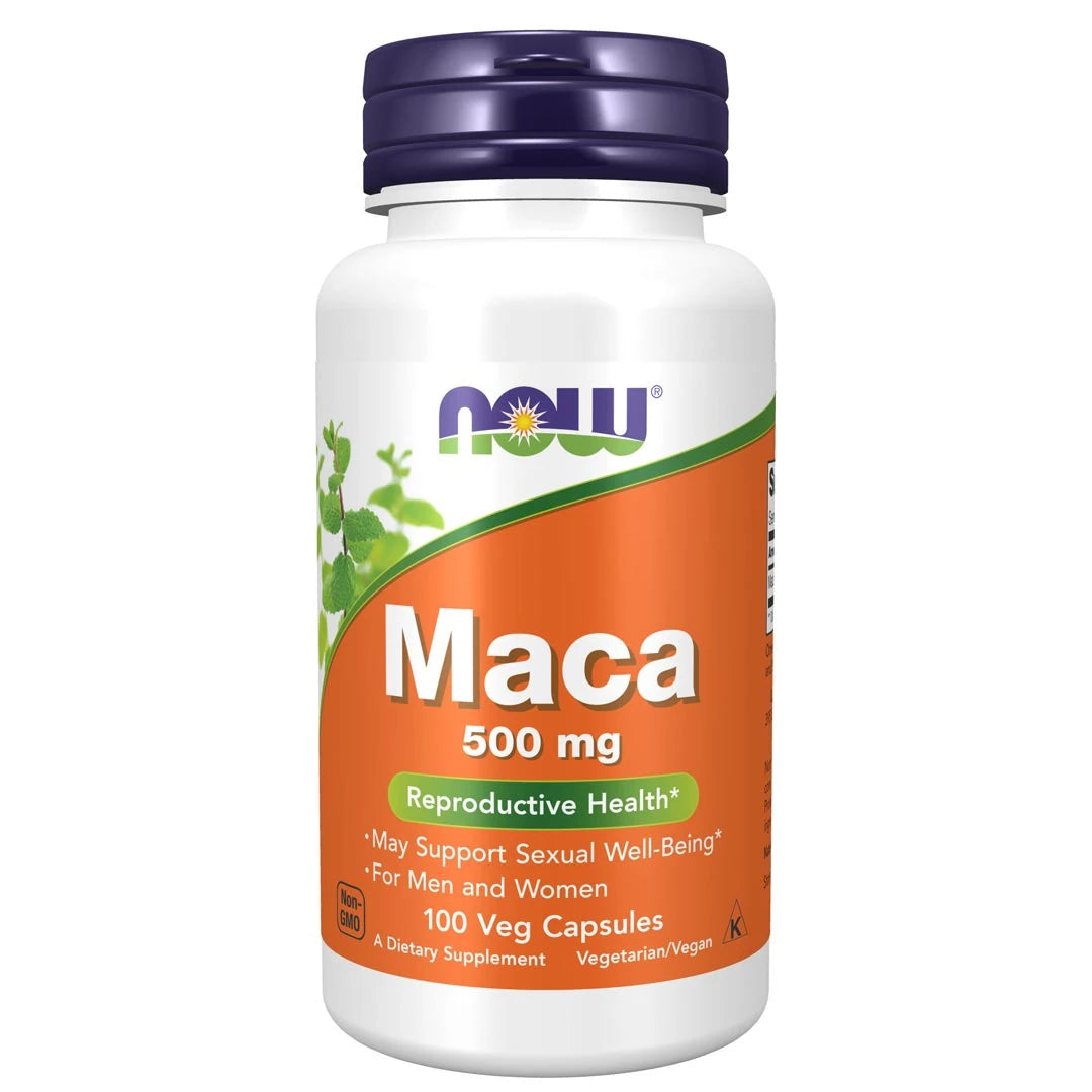 NOW MACA 500 mg 100 caps -vegaanikapselit valkoisessa muovipurkissa oranssilla etiketillä ja tummansinisellä korkilla., kuva 1/1