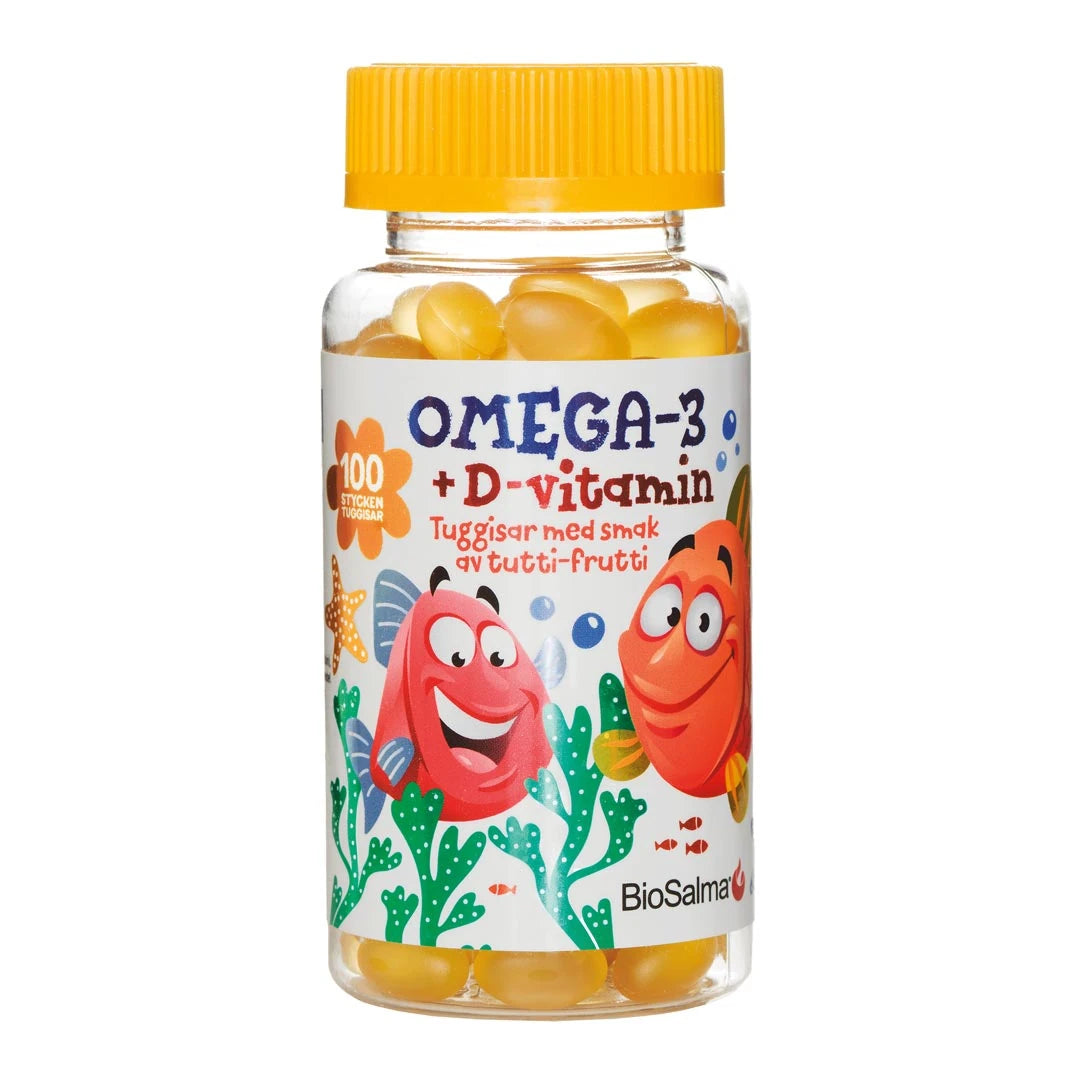 BioSalma Omega-3 100 pcs tuggisar för barn, i en transparent burk med gult lock och färgglada tecknade fiskar., bild 1 av 1