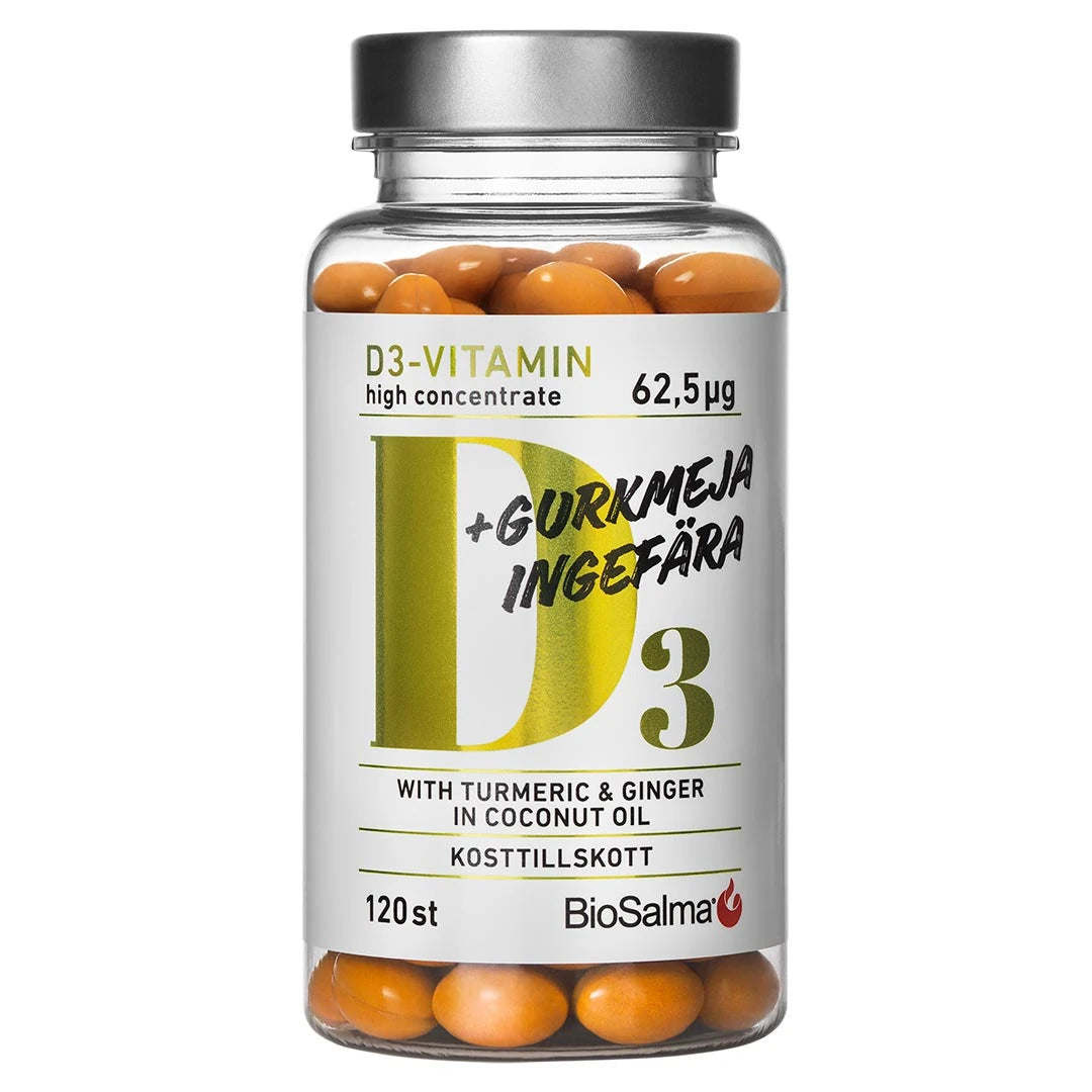BioSalma D3 + Gurkmeja &amp; Ingefära 120 caps -ravintolisä läpinäkyvässä purkissa oransseilla kapseleilla., kuva 1/1