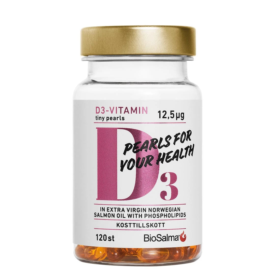 BioSalma D3-vitamin Tiny Pearls 12.5ug 120 caps läpinäkyvässä purkissa, jossa kultainen kansi ja valko-pinkki etiketti., kuva 1/1