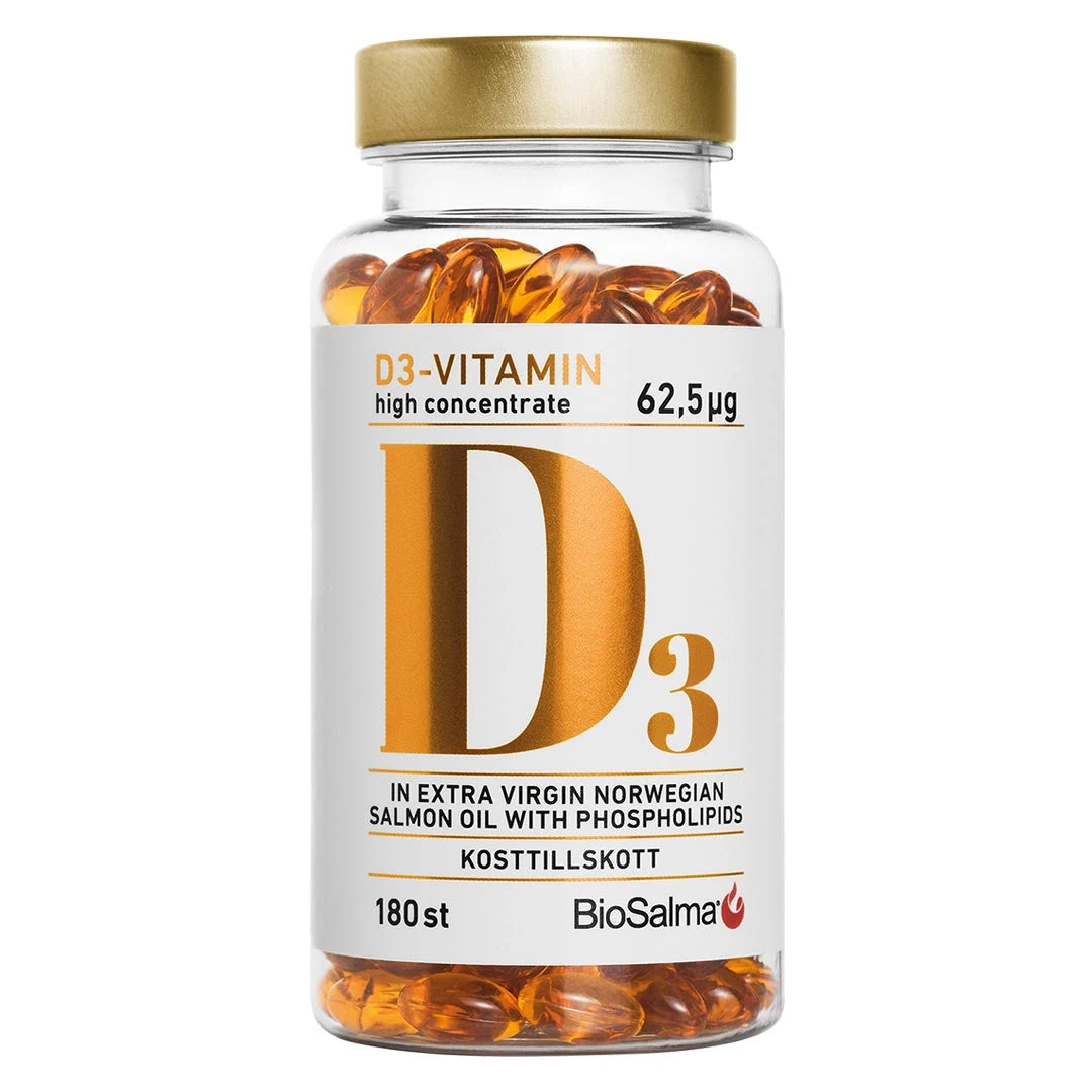 BioSalma D3-vitamin high concentrate 62.5 ug 180 caps kultaisina kapseleina kirkkaassa, kultakorkkisessa purkissa., kuva 1/1