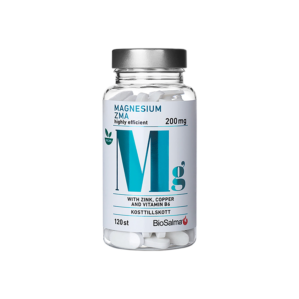 BioSalma Magnesium ZMA 200 mg 120 tabs läpinäkyvässä muovipurkissa, jossa on hopeanvärinen kansi ja valkoinen etiketti vaaleansinisillä yksityiskohdilla., kuva 1/1