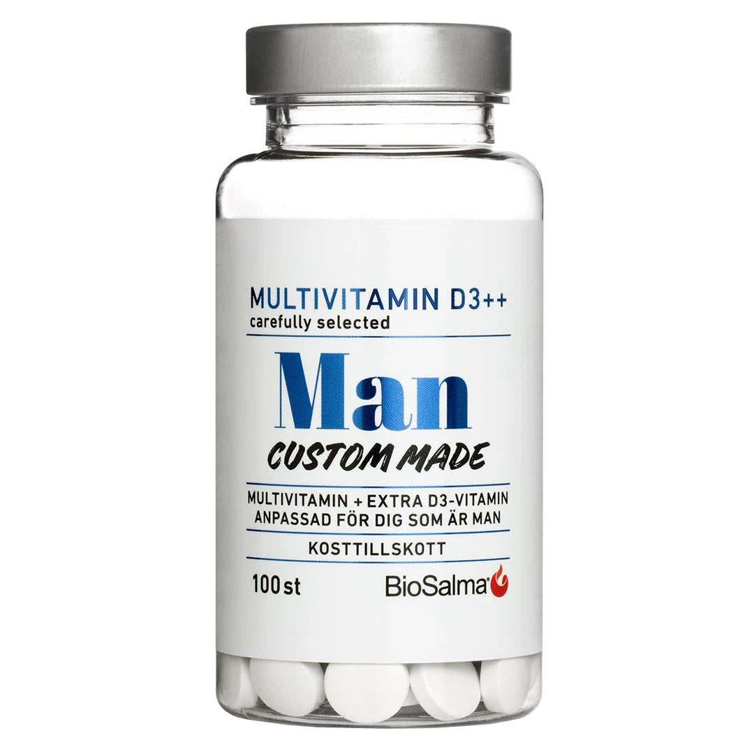 BioSalma Multivitamin Man D3++ 100 tabs läpinäkyvässä purkissa, jossa on valkoinen etiketti ja valkoisia tabletteja., kuva 1/1