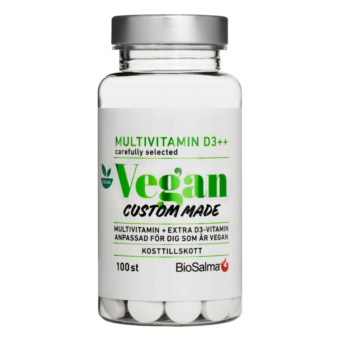 BioSalma Multivitamin Vegan D3++ 100 tabs läpinäkyvässä muovipurkissa hopeakannella ja valkoisella etiketillä., kuva 1/1