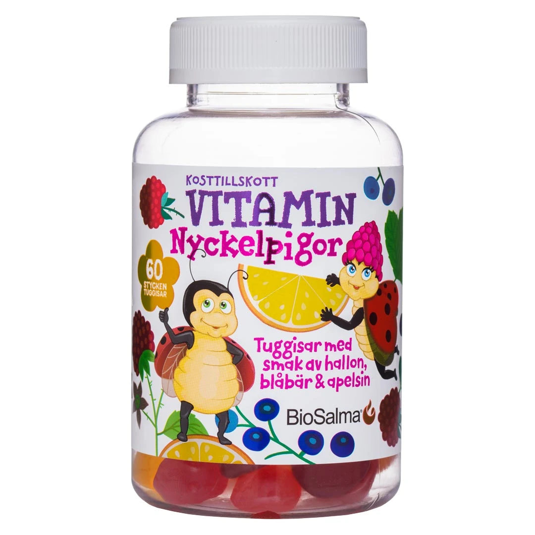 BioSalma Multivitamin Nyckelpiga Barn 60 pcs läpinäkyvässä muovipurkissa värikkäillä hyönteis- ja marjakuvituksilla., kuva 1/1