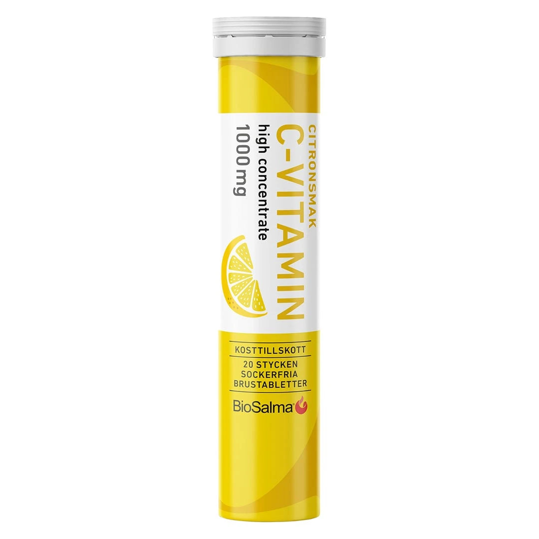 BioSalma C-vitamin Brus 20 pcs keltaisessa putkilossa, sitruunanmakuinen ja tekstillä high concentrate 1000 mg., kuva 1/3