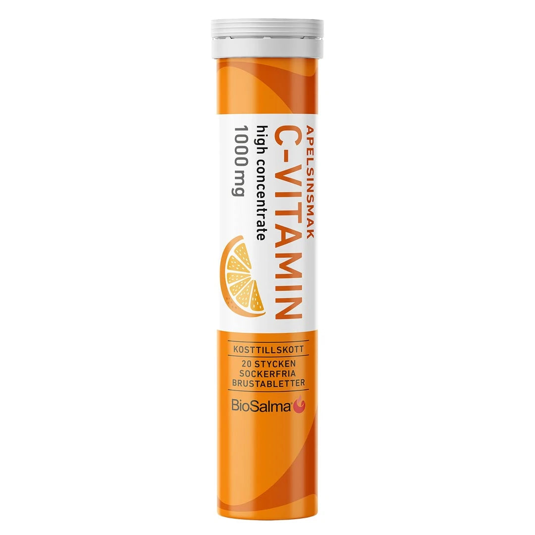BioSalma C-vitamin Brus 20 pcs -poretabletit oranssivalkoisessa putkilossa, makuna appelsiini., kuva 2/3