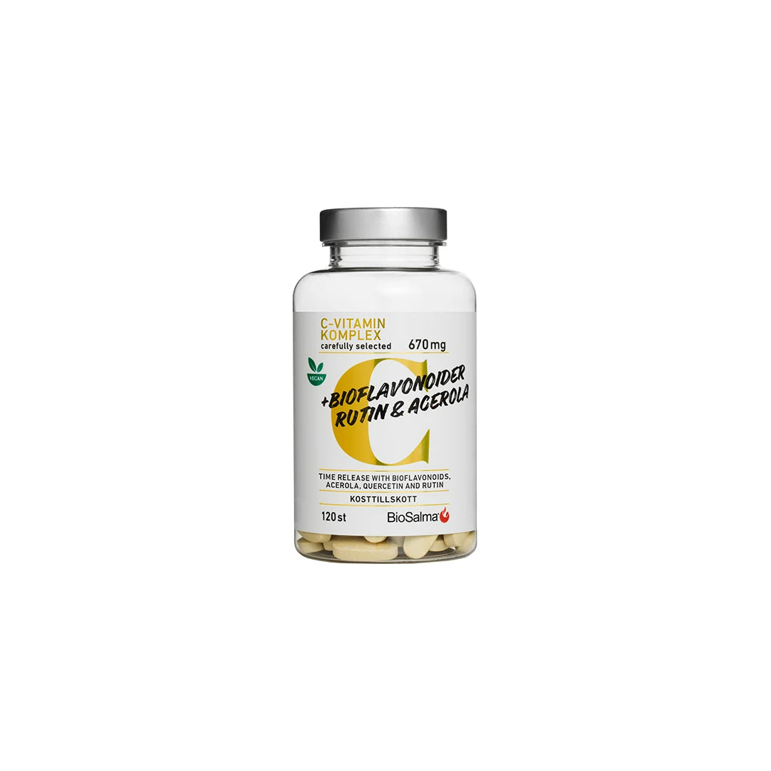 BioSalma C-vitaminkomplex + Bioflavonider 120 tabs läpinäkyvässä purkissa valko-keltaisella etiketillä., kuva 1/1