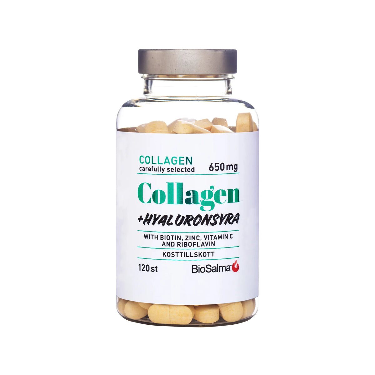 BioSalma Collagen + Hyaluronsyra 120 tabs läpinäkyvässä purkissa, jossa on valkoinen etiketti ja vihreitä yksityiskohtia., kuva 1/1