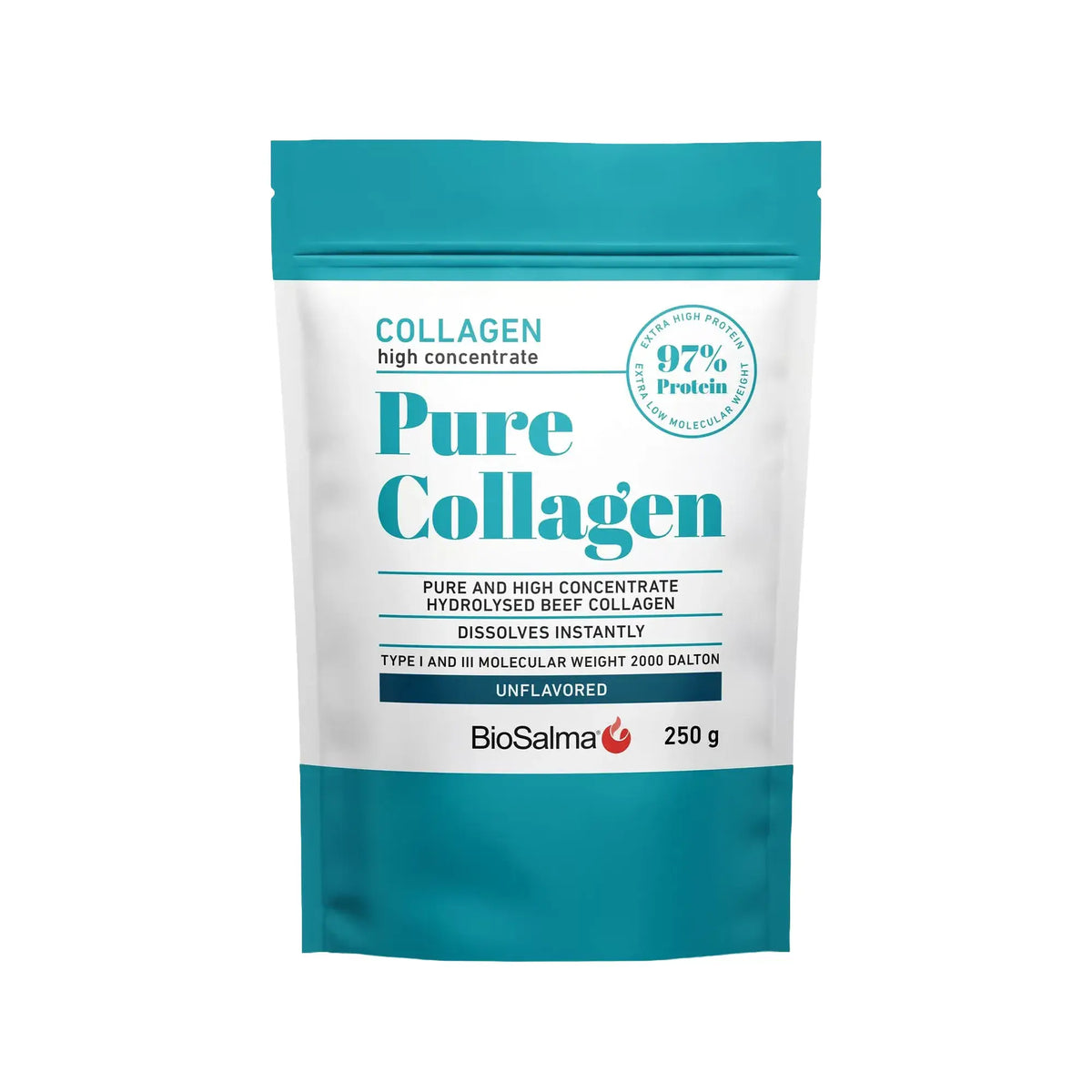 Maustamaton BioSalma Pure Collagen 250 g -kollageenijauhe valkoisessa pussissa turkooseilla yksityiskohdilla., kuva 1/1