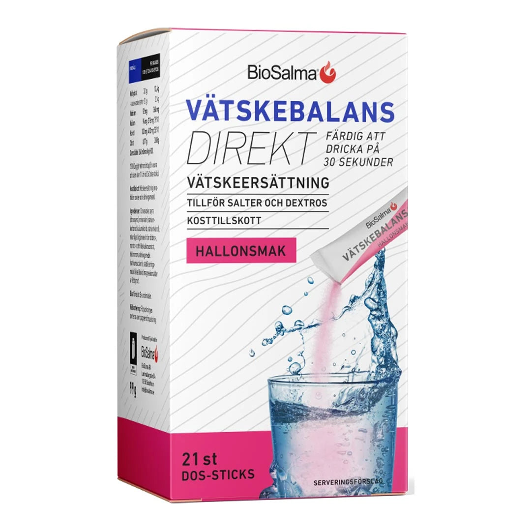 BioSalma Vätskebalans Direkt 21 pcs -elektrolyyttivalmiste valko-vaaleanpunaisessa rasiassa, makuna vadelma., kuva 1/2