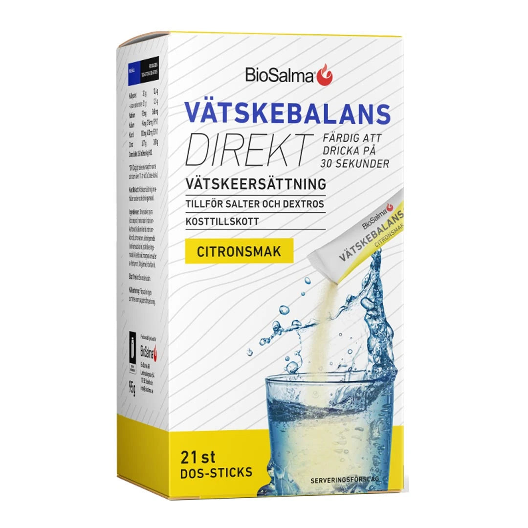 BioSalma Vätskebalans Direkt 21 pcs -nesteytysvalmiste, valko-keltainen sitruunanmakuinen kartonki ja vesilasi., kuva 2/2