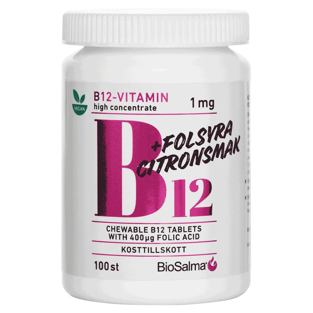BioSalma B12 Vitamin + Folsyra 100 pcs sitruunanmakuisia purutabletteja valkoisessa purkissa, jossa on iso vaaleanpunainen teksti., kuva 1/1