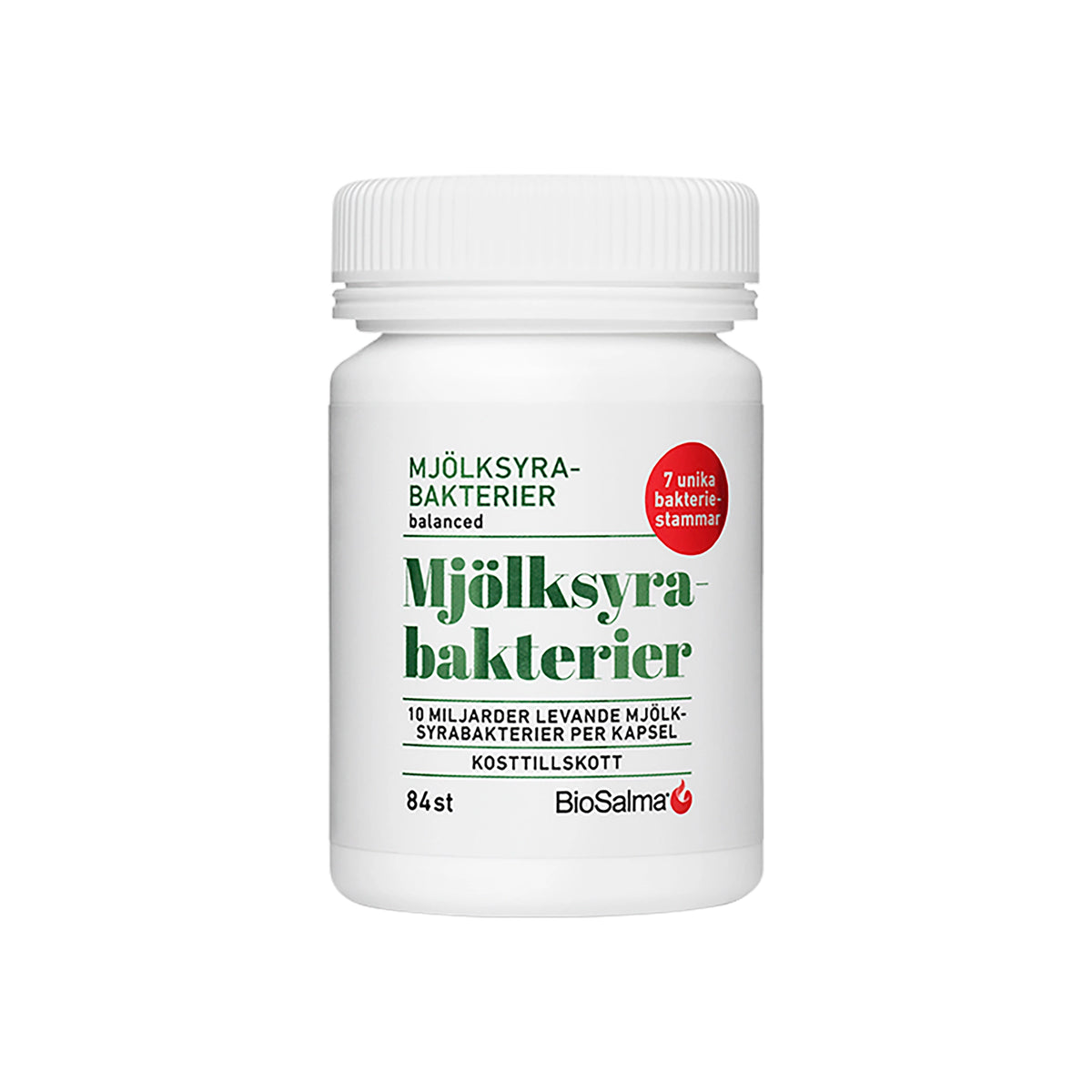 BioSalma Mjölksyrabakterier Mage 84 caps -ravintolisä valkoisessa muovipurkissa, jossa on vihreä teksti.