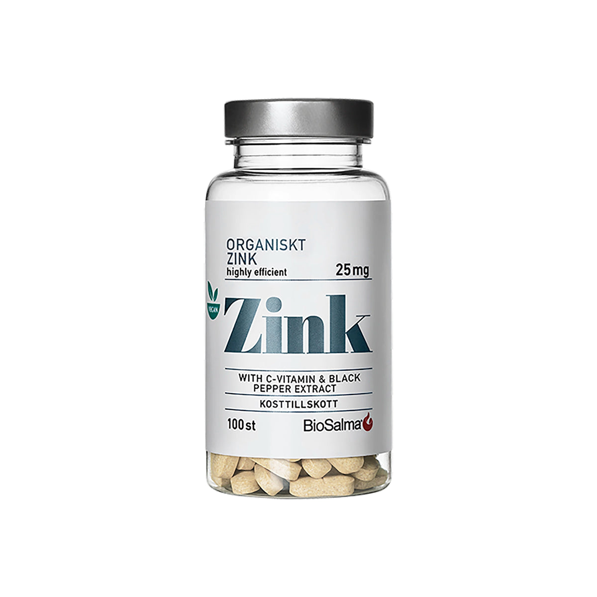 BioSalma Organiskt Zink 25 mg 100 tabs läpinäkyvässä purkissa hopeisella kannella ja valkoisella etiketillä.