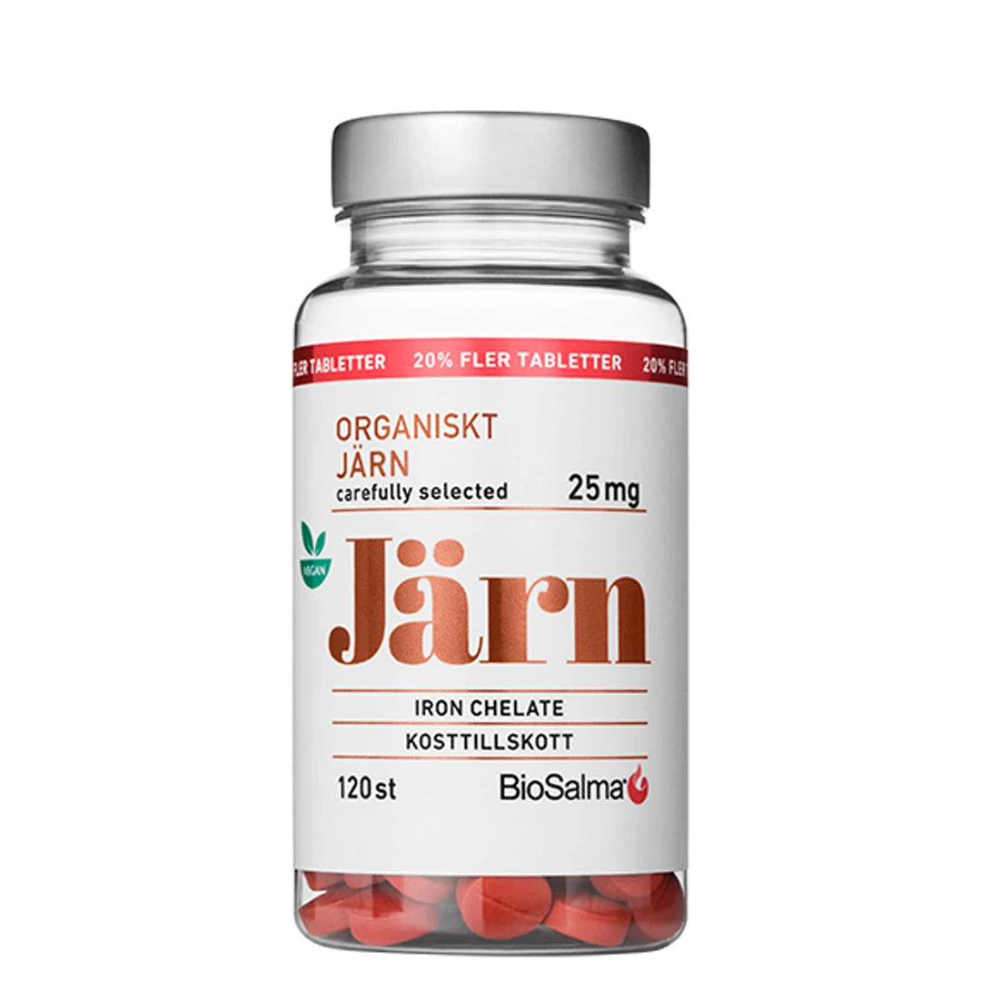 BioSalma Organiskt Järn 25 mg 120 tabs läpinäkyvässä purkissa, jossa on hopeinen kansi ja näkyvät punaiset tabletit., kuva 1/1
