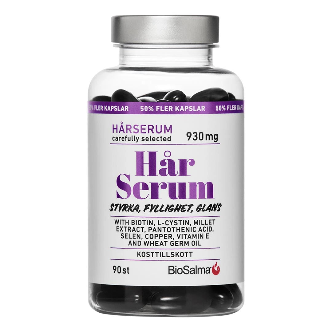BioSalma HårSerum 90 caps läpinäkyvässä purkissa, jossa on valkoinen etiketti, violetti teksti ja hopeakansi., kuva 1/1