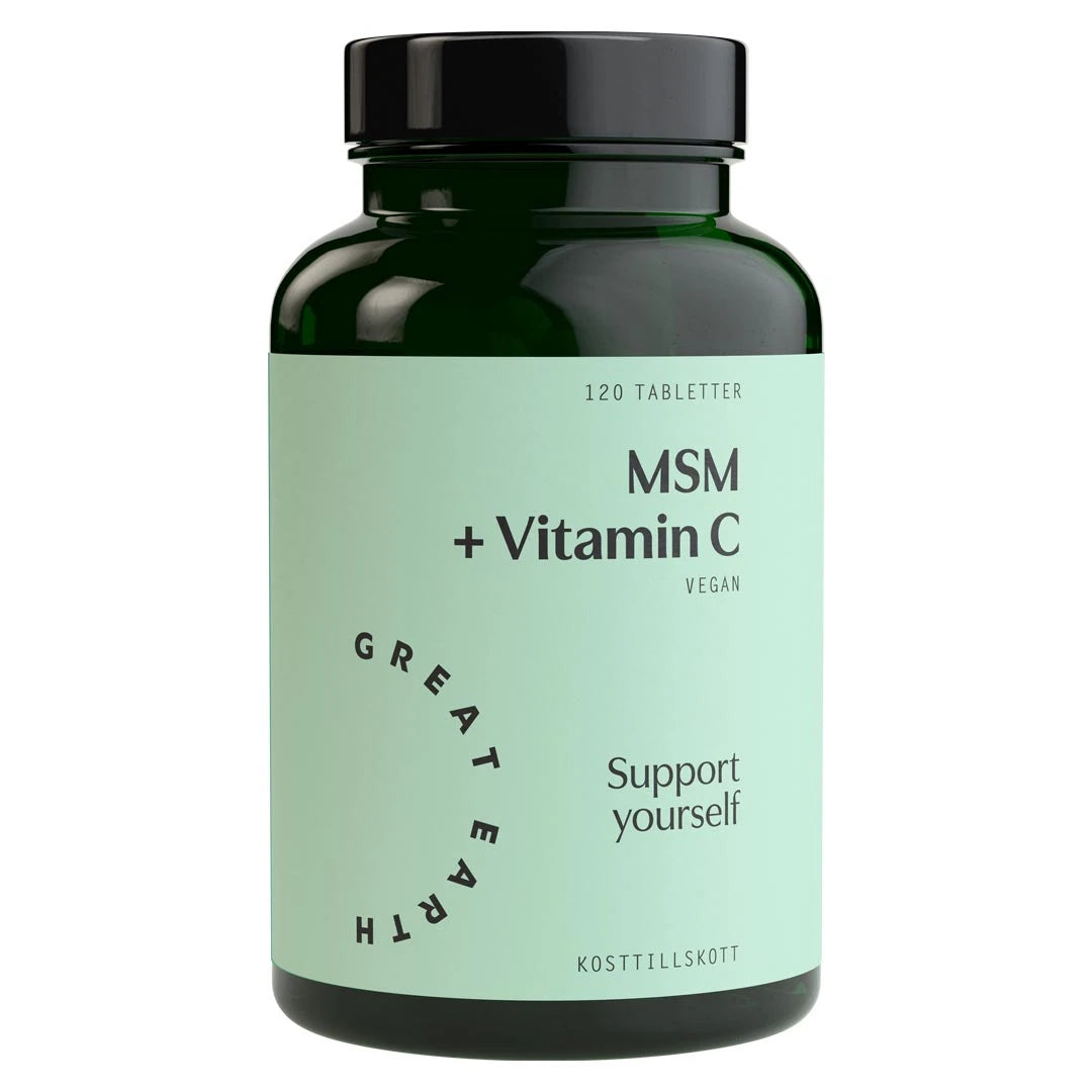 Great Earth MSM + Vitamin C 120 tab tummanvihreässä purkissa, jossa on musta kansi ja vaaleanvihreä etiketti., kuva 1/1
