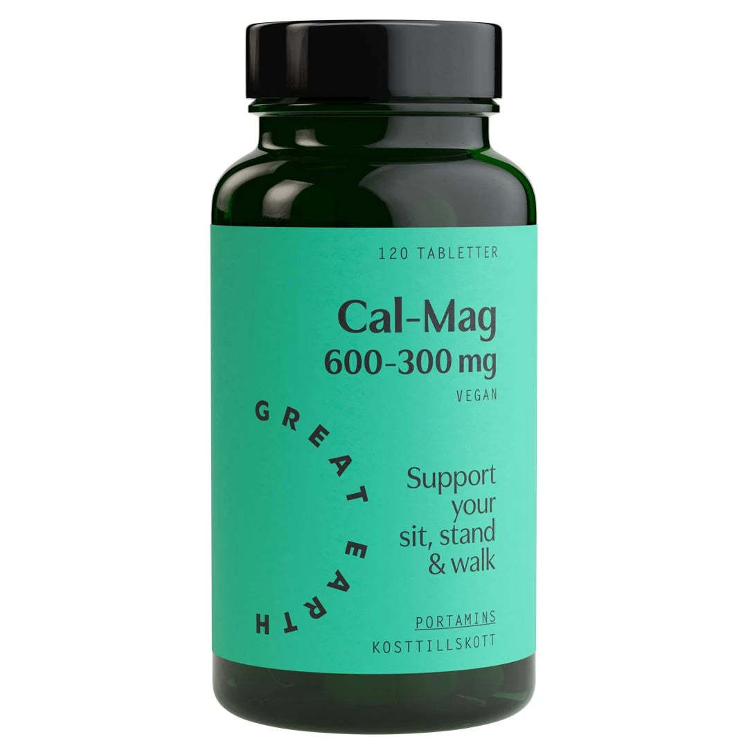 Great Earth Cal-Mag 600-300 mg 120 tab -vegaaniset mineraalit tummanvihreässä purkissa, jossa on turkoosi etiketti., kuva 1/1