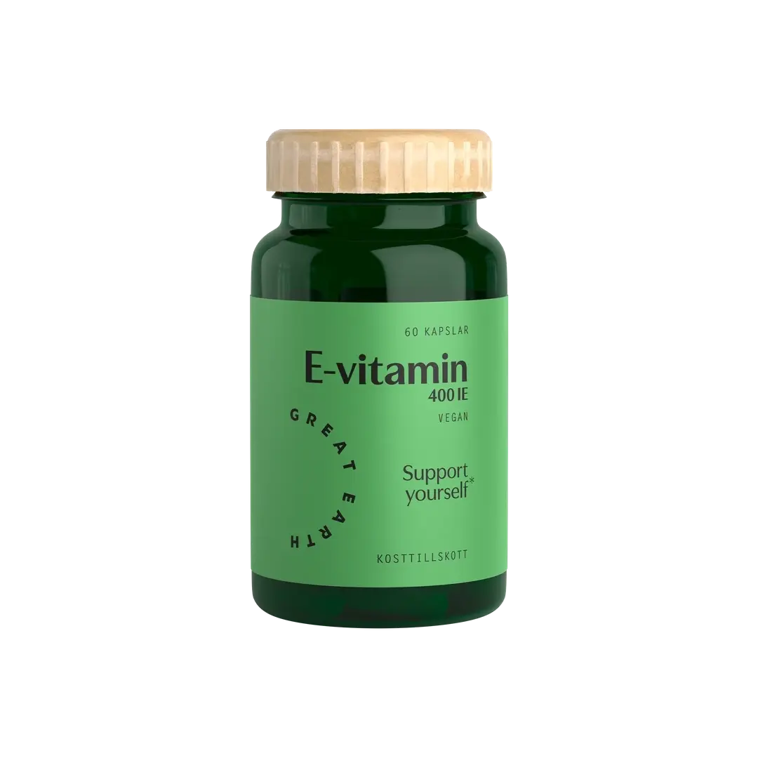 Great Earth E-Vitamin 60 caps tummanvihreässä purkissa, jossa on vaaleanvihreä etiketti ja vaalea puukansi., kuva 1/1